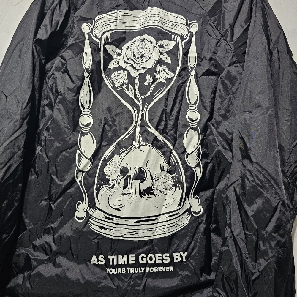 Yours Truly jacket with sand timer rose and skull